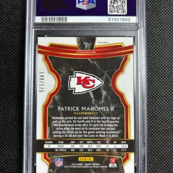 2019 Panini Select Blue Prizm #7 Patrick Mahomes II Chiefs /175 PSA 10 Gem Mint - Picture 2 of 2
